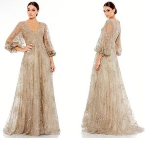 Mac Duggal Beige Embellished Plunge Neck Puff Sleeve A Line Gown NWT